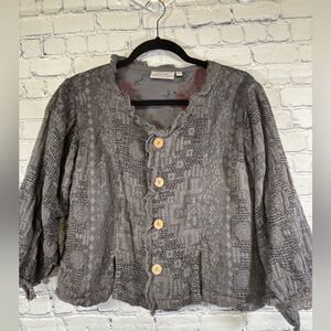 Paper Lace Gray Loose Weave Knit Button Floral Lining Boho Cottagecore Top L